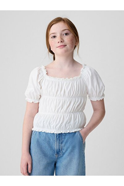 GAP Kız Çocuk Kırık Beyaz Büzgülü Balon Kol Bluz