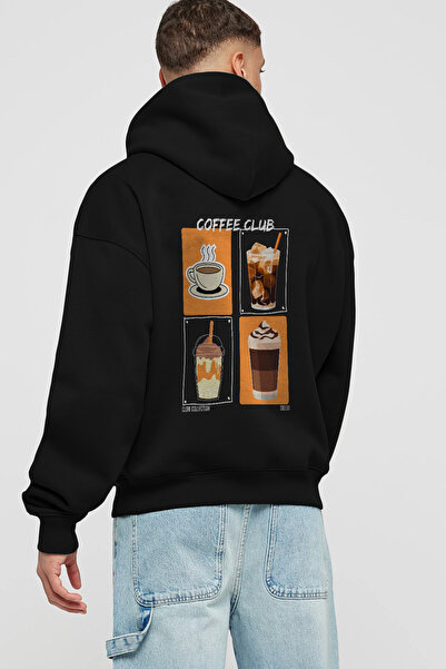 Ankhises Hanorac negru cu glugă supradimensionat cu imprimeu pe spate Coffee ...