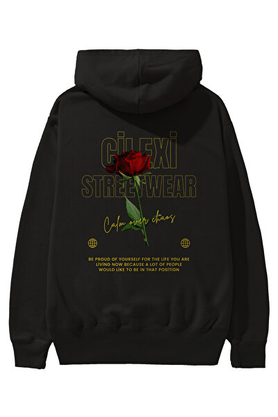 Ankhises Rose Cilexi Streetwear Back Printed Μαύρο Oversize Φούτερ με κουκούλ...