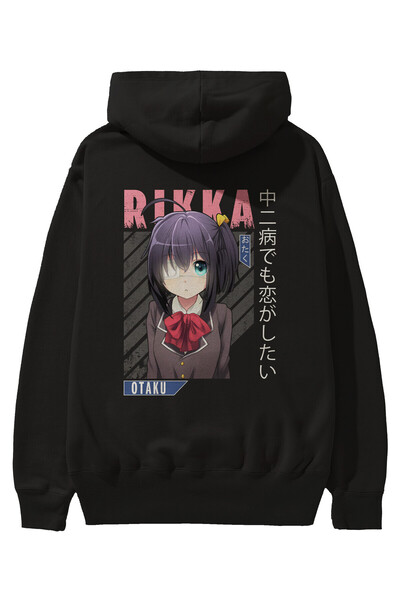 Ankhises سويت شيرت بقلنسوة أسود كبير الحجم مطبوع عليه رسوم متحركة Rikka Takan...