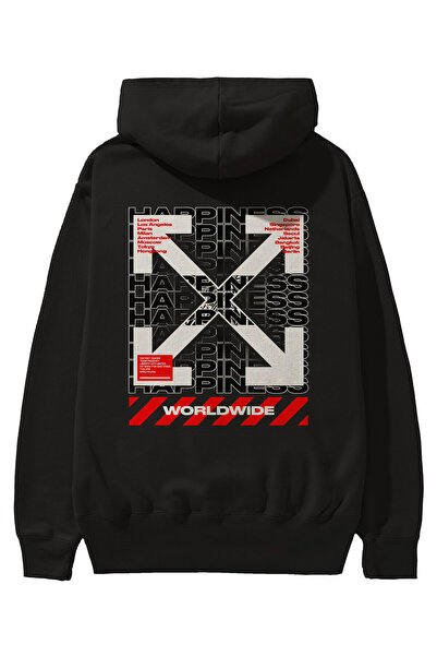 Ankhises Happiness Worldwide Back Printed Μαύρο Φούτερ με κουκούλα Oversize Α...