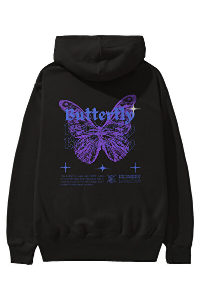 Ankhises Butterfly Streetwear Back Printed Μαύρο Oversize Φούτερ με κουκούλα ...