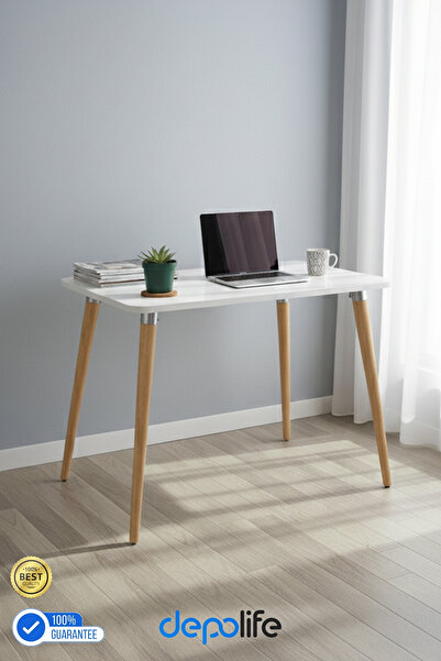 Depolife Ahşap Ayaklı Mutfak Salon Yemek Masası 60x90 Cm Gürgen Masif Ayak Beyaz Çalışma Masası