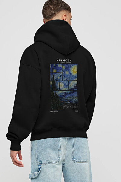 Ankhises Van Gogh The Starry Night Arka Baskılı Siyah Hoodie Oversize Kapüşonlu Sweatshirt Erkek Kadın