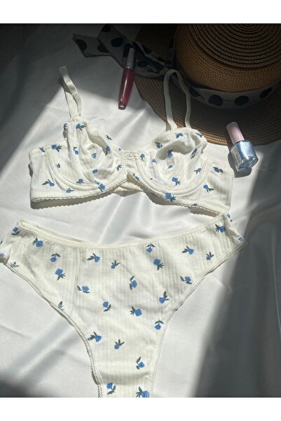 unbranded Pamuklu Çiçek Desenli Balenli Sütyen Takımı