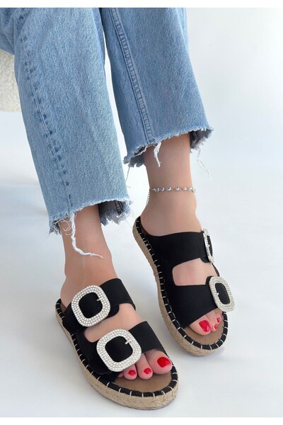 pabucmarketi Black Nubuck Buckle Women's Flat Slippers