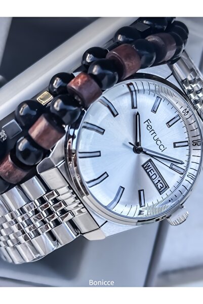 Ferrucci Marka Çelik Kordon Gümüş Sarı Renk Sevgili Kol Saati + Tesbih Bileklik