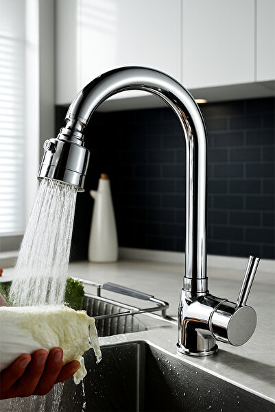 KUSTAR 3 Fonksiyonlu Oynar Başlıklı Krom Çubuk Kol Mutfak Evye Bataryası