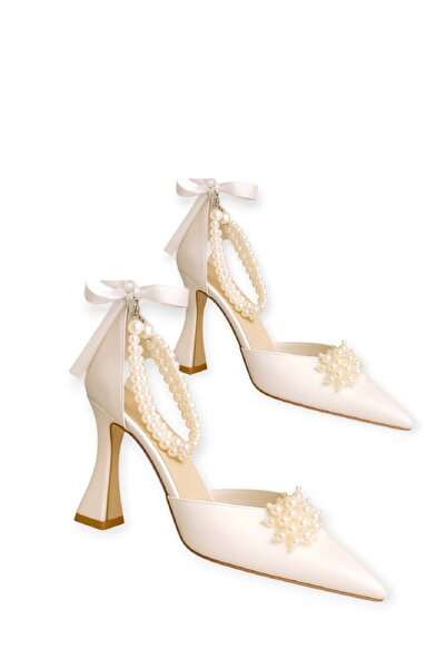 Famels High Heeled Shoes with Pearl Ankle and Bow, Special Evening Dress Shoes, Elegant Design and Matching Bag