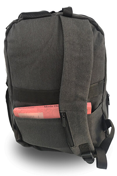 Rupva Unisex Günlük Okul Modern Çok Gözlü Laptop Tablet Şarj Bölmeli Kanvas Sırt Çantası Koyu Gri