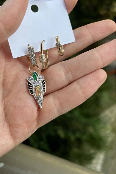 Petalia Zümrüt Yeşili Taş Detaylı Üçlü Küpe Seti