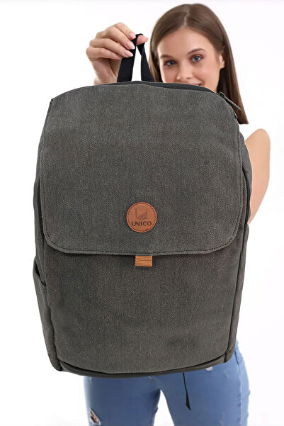 Rupva Unisex Günlük Okul Modern Çok Gözlü Laptop Tablet Şarj Bölmeli Kanvas Sırt Çantası Koyu Gri