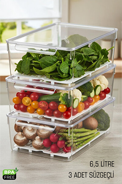 fitfiyat 3 Pieces Large Size Refrigerator Organizer with Lid and Strainer, Transparent Vegetable and Fruit Storage Container
