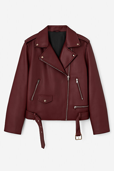 Jaglion سترة إلفيرا قصة فضفاضة طويلة للنساء من الجلد باللون العنابي