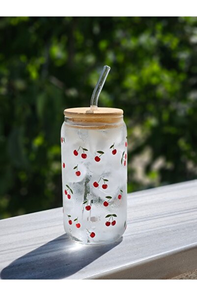 Store Pinterest Bardak Pipetli Cam Bardak Kiraz Desenli Isıya Dayanıklı (500 ML)
