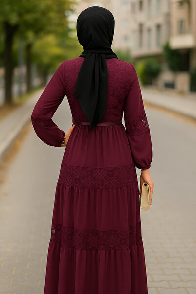 racel fashion ZÜMRÜT ŞİFON GÜPÜR DETAYLI BELİ LASTİKLİ FULL ASTARLI KEMER AKSESUAR DETAYLI KADIN ELBİSE