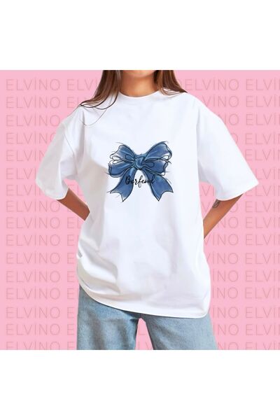 Elvino Kurdele Baskılı Bisiklet Yaka Pamuklu Beyaz Kadın/Erkek Unisex Oversiz...