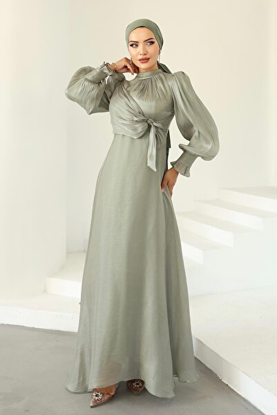 Olcay Side Tie Cuff Detail Yoryo Silk Hijab Evening Dress Light Green 1241