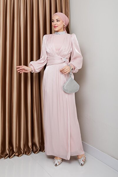 Olcay Πέτρινο Μεταξωτό Μουσουλμανικό Φόρεμα - Φιόγκος και Γιακά Βραδινό Φόρεμα POWDER 1236