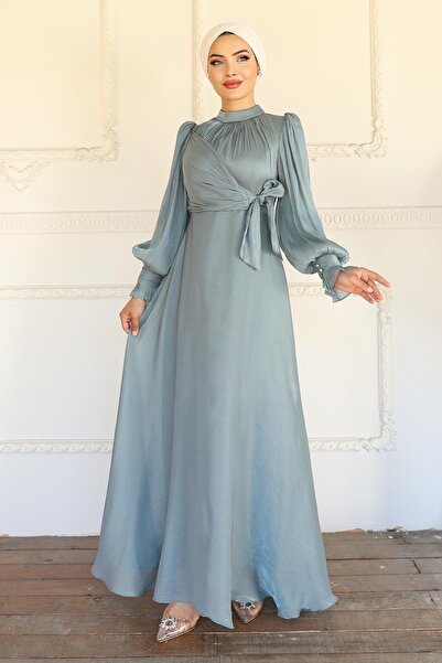 Olcay Βραδινό φόρεμα Yoryo Silk Hijab με λεπτομέρεια με πλαϊνή δέσιμο SU GREEN 1241