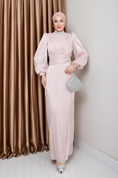 Olcay Πέτρινο Μεταξωτό Μουσουλμανικό Φόρεμα - Φιόγκος και Γιακά Βραδινό Φόρεμα POWDER 1236