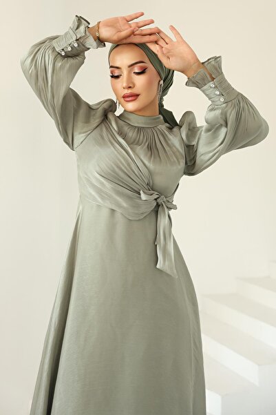 Olcay Side Tie Cuff Detail Yoryo Silk Hijab Evening Dress Light Green 1241
