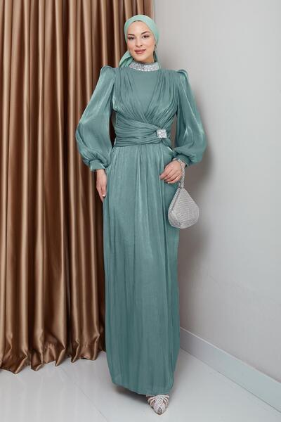 Olcay Βραδινό φόρεμα Yoryo με φιόγκο και πέτο από πέτρα, μεταξωτό τσαλακωμένο φόρεμα SU GREEN 1236