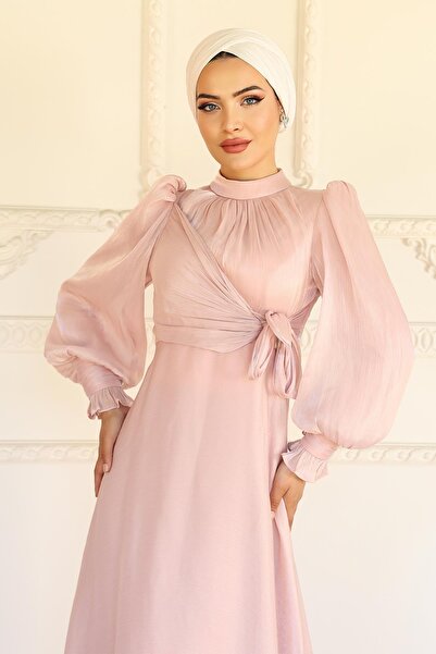 Olcay Yoryo Silk Hijab Evening Dress with Side Tie Cuff Detail Pudra 1241