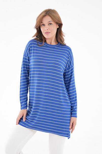 mermaya Premium ποιότητα, σκούρο μπλε, ριγέ, χτενισμένο βαμβακερό τουνίκ.