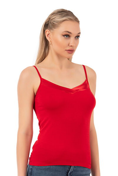 ÖZKAN underwear Özkan 2040 Kadın Premium Kumaş Viskon Saten Yakalı Esnek Rahat Ince Askılı Atlet