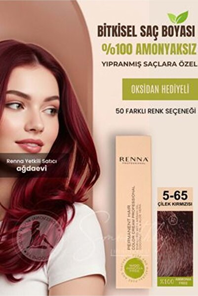 Renna AMONYAKSIZ Bitkisel Yıpranmış Saçlar İçin Saç Boyası 5-65 ÇİLEK KIRMIZI...