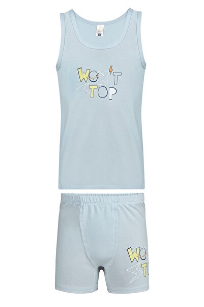 ÖZKAN underwear Özkan 32034 Erkek Çocuk Pamuklu Mavi Kalın Askılı Atlet Şort İç Giyim Takım