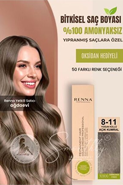 Renna AMONYAKSIZ Bitkisel Yıpranmış Saçlar İçin Saç Boyası 8-11 YOĞUN KÜLLÜ A...
