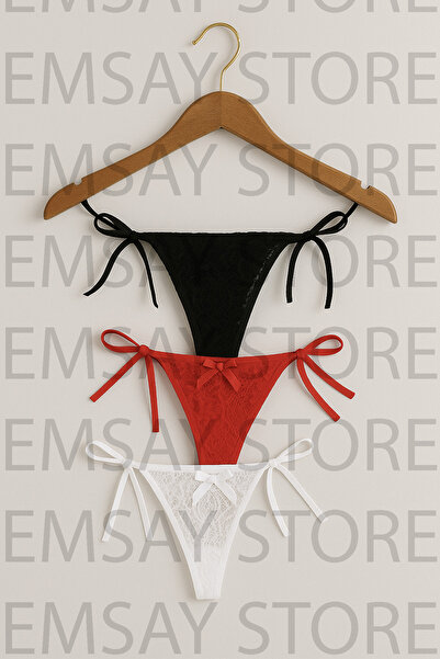 Emsay Store Романтична серия регулируеми големи размери дантелени секси стрингове с панделки, комплект от 3 броя