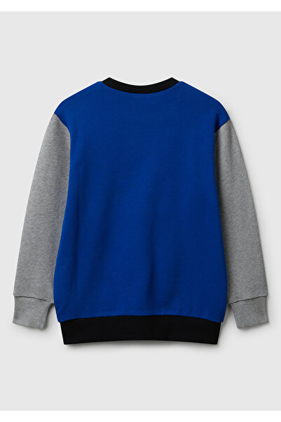 United Colors of Benetton Erkek Çocuk Mavi-Gri Önü Logo Baskılı Bisiklet Yaka Regular Fit Sweatshirt