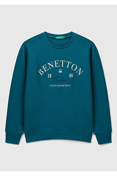 United Colors of Benetton Erkek Çocuk Petrol Mavisi Önü Logo Baskılı Bisiklet Yaka Regular Fit Sweatshirt