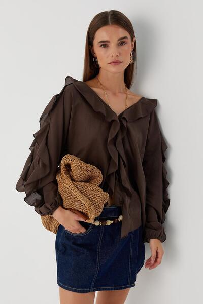 MARKALİSTE Shirt with Ruffled Collar and Sleeves Brown