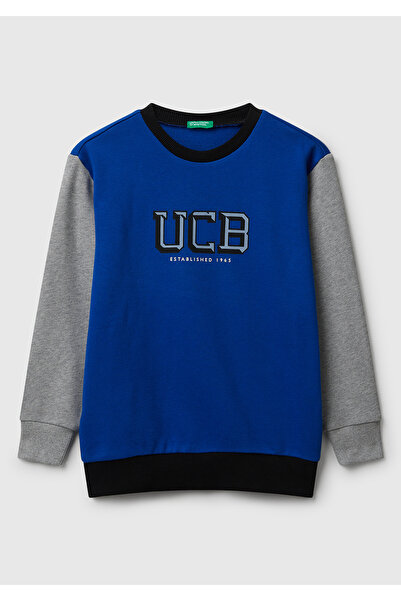 United Colors of Benetton Erkek Çocuk Mavi-Gri Önü Logo Baskılı Bisiklet Yaka Regular Fit Sweatshirt