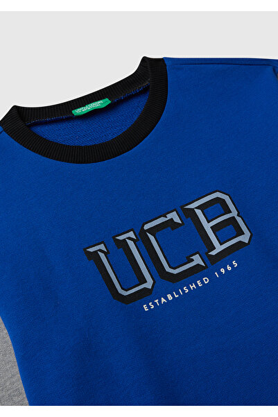 United Colors of Benetton Erkek Çocuk Mavi-Gri Önü Logo Baskılı Bisiklet Yaka Regular Fit Sweatshirt