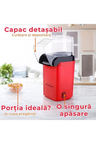 Bukate Aparat cu Aer Cald de facut Popcorn Bukate®, Gata in max. 3 min, 1200W, Recipient dozator Boabe