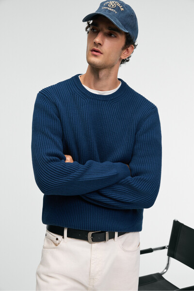 GRIMELANGE CABLIN Erkek Yuvarlak Yaka Regular Fit Triko İndigo Kazak