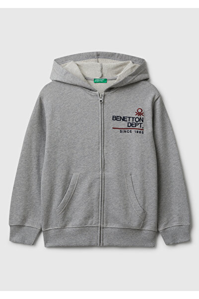 United Colors of Benetton Boy's Gray Melange Zippered Hooded Sweatshirt with Logo Detail on the Front