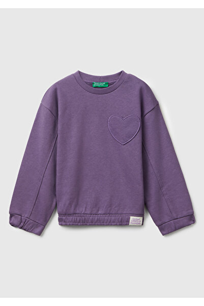 United Colors of Benetton Girl's purple stitch detailed heart patch pocket regular fit sweatshirt