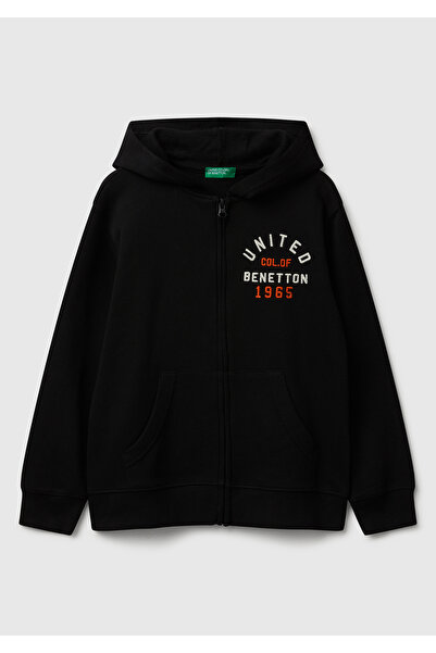 United Colors of Benetton Boy's Black Zippered Hooded Sweatshirt with Logo Detail on the Front