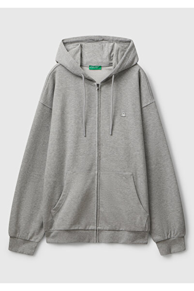 United Colors of Benetton Men's Gray Melange 100% Cotton Slim Fit Zippered Hooded Sweatshirt