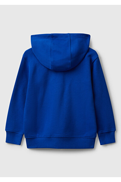 United Colors of Benetton Boy's Saks Blue Zippered Hooded Sweatshirt with Logo Print on the Front