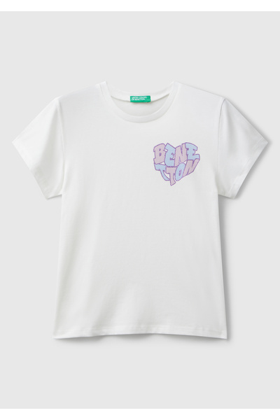 United Colors of Benetton Girl's Ecru Glitter Logo Printed Ribbed Collar Regular Fit T-Shirt