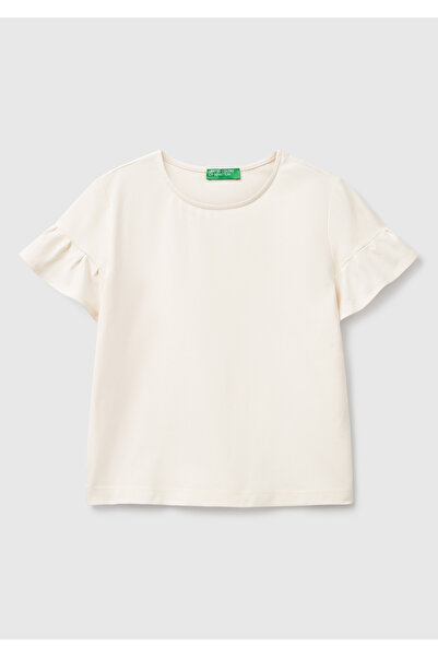 United Colors of Benetton Women's Cream Cotton Blend T-Shirt with Ruffle Detail on the Sleeves