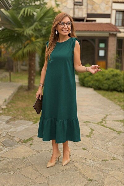 Aesco فستان نسائي بياقة قارب مكشكشة من الكريب من جانجان