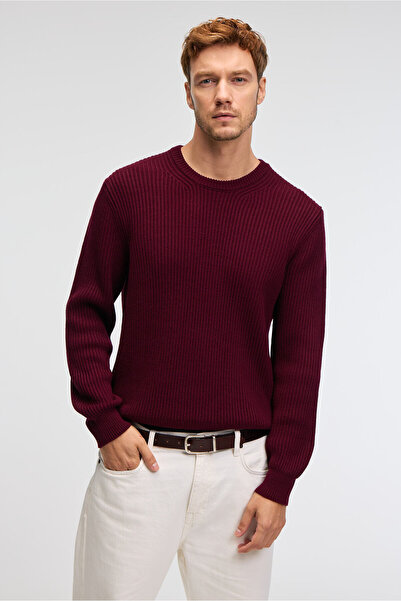 GRIMELANGE Cablin Men's Round Neck Regular Fit Knitwear Claret Red Sweater